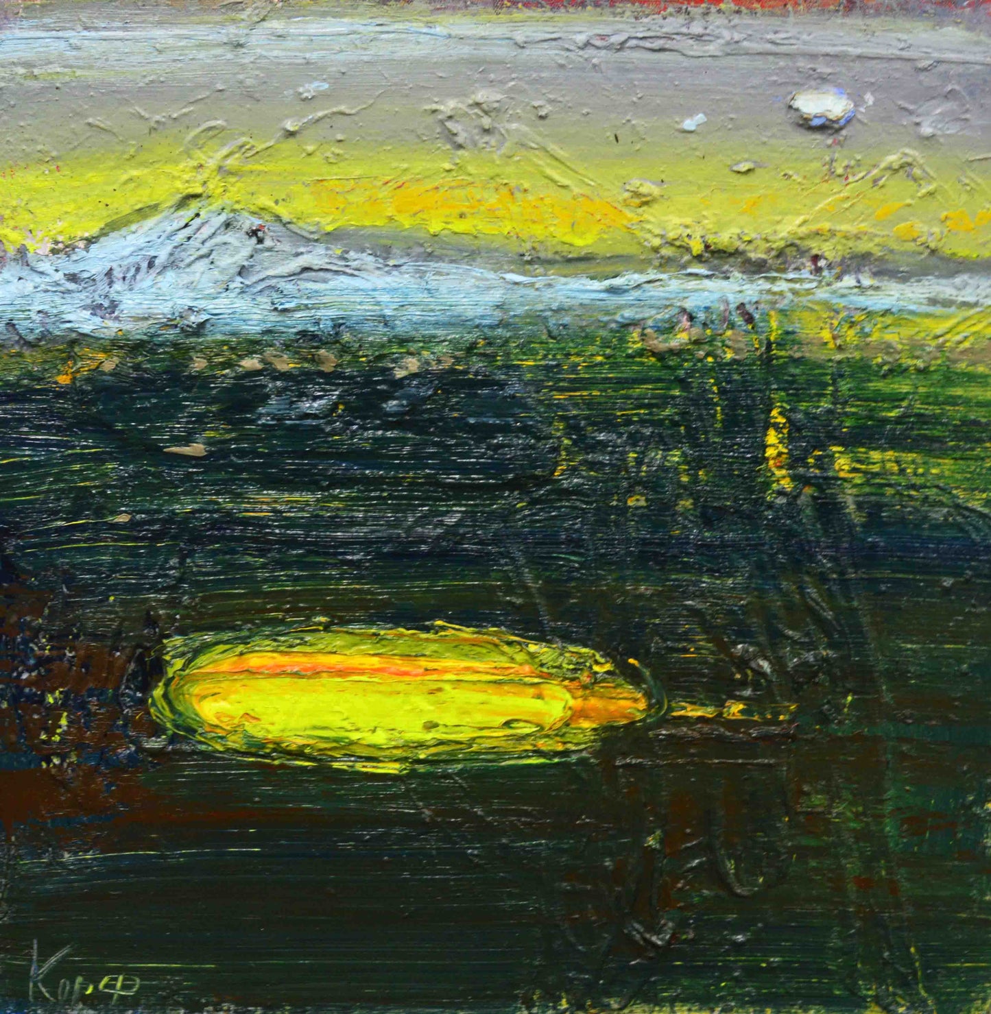 Oil painting Yellow Lake by Natalia Korf-Ivaniuk, vibrant yellow oval on greens