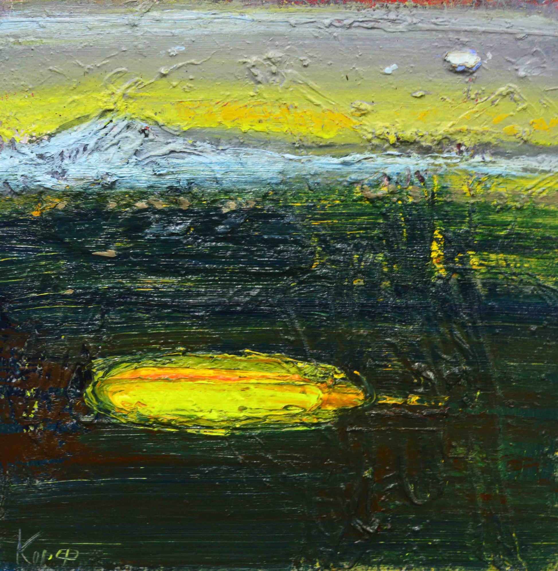 Oil painting Yellow Lake by Natalia Korf-Ivaniuk, vibrant yellow oval on greens