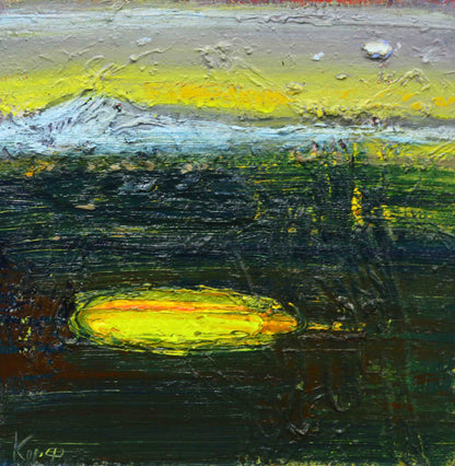 Oil painting Yellow Lake by Natalia Korf-Ivaniuk, vibrant yellow oval on greens