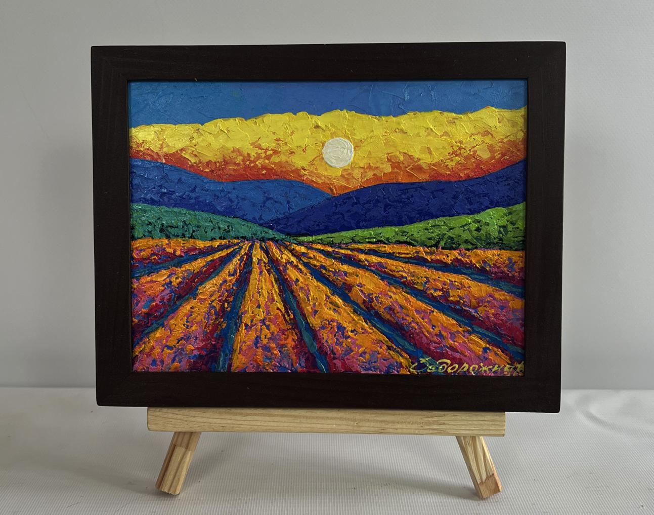 Oil painting of plowed field and blazing sunset by V. Zadorozhnya