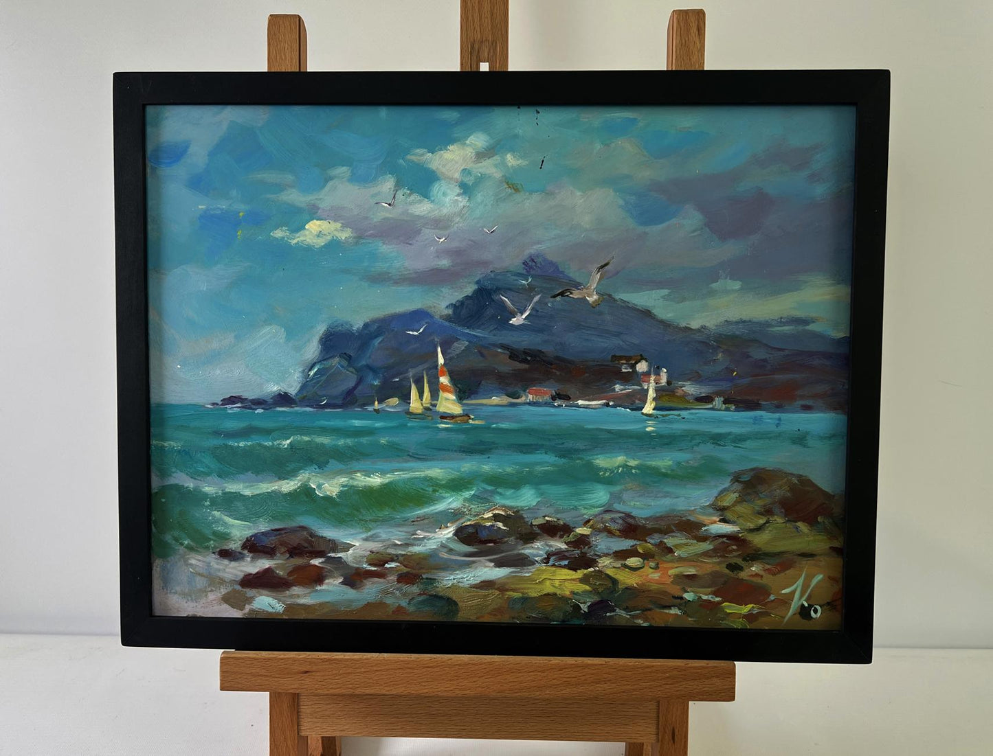 Oil painting Seagulls over the waves by Yuriy Suprunchuk with sailboats