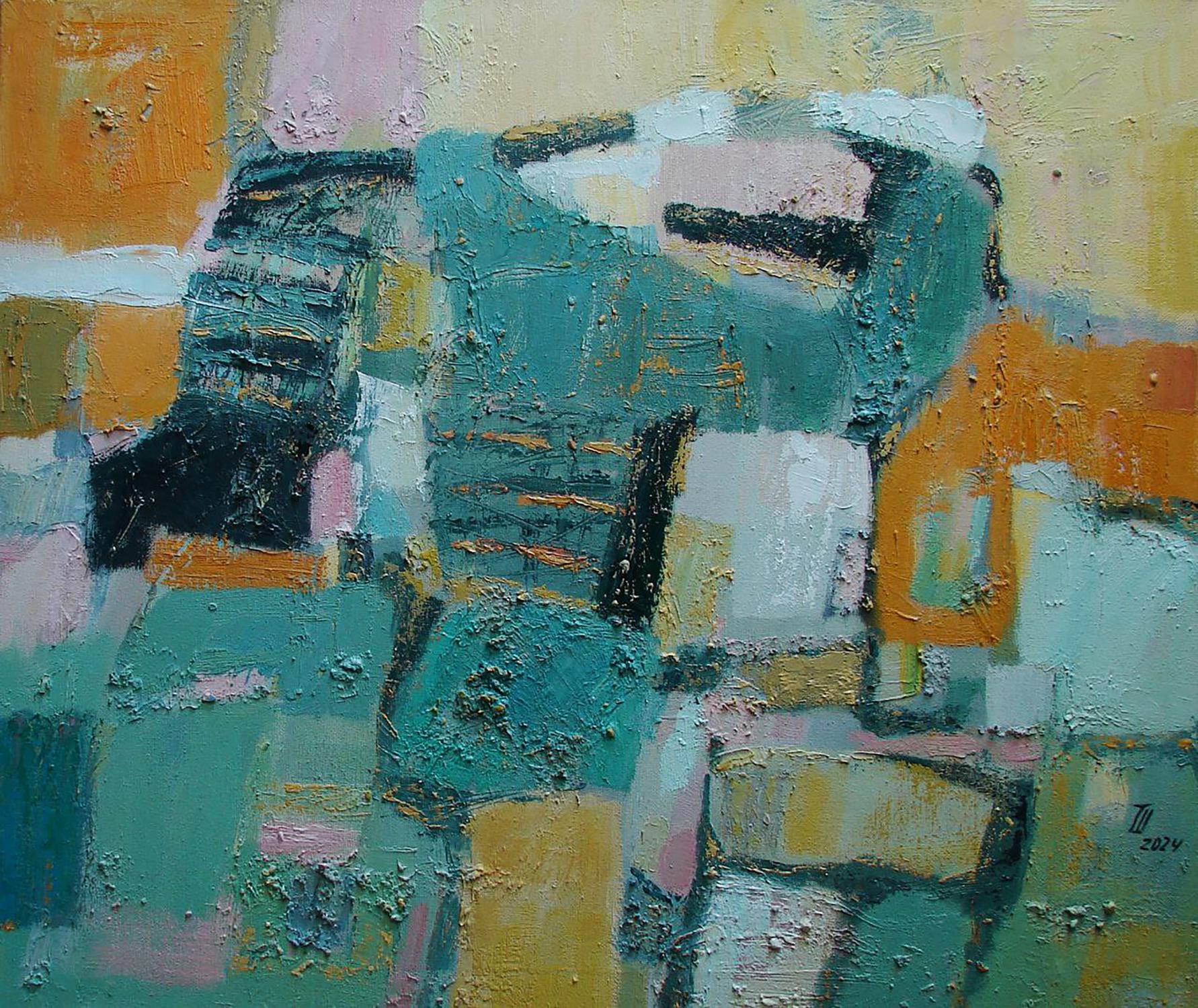 Oil painting Autumn fields by Tatyana Shulyak in teal, orange hues