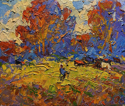 Vibrant impressionist oil painting of autumn trees by Oleksiy Ivanyuk