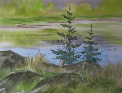 Watercolor painting of green coast river by Valery Savenets