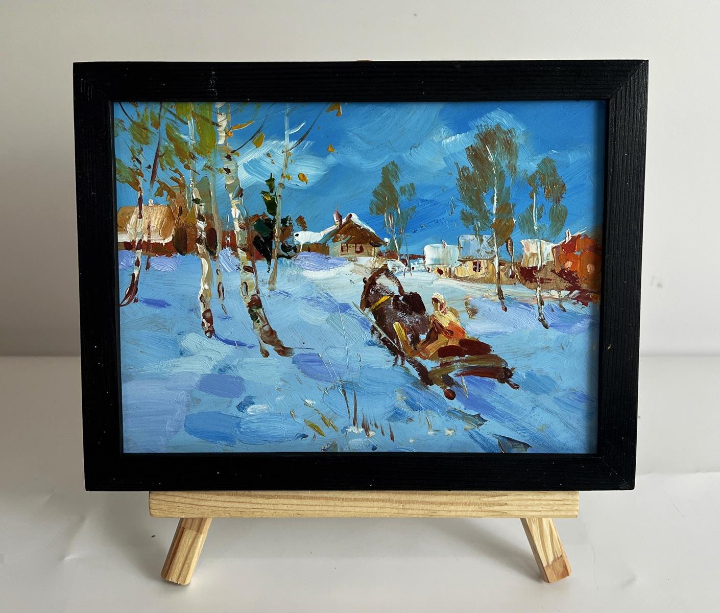 Oil painting Winter village by Yuriy Suprunchuk in black frame