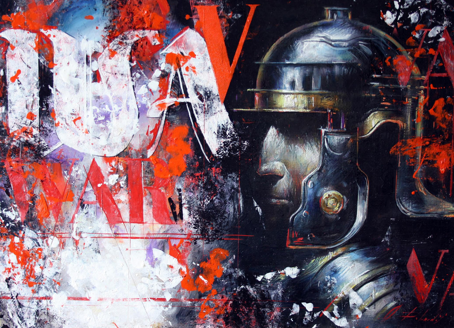 Oil painting of metallic Roman soldier helmet by Warrior Alexander Dobrodiy