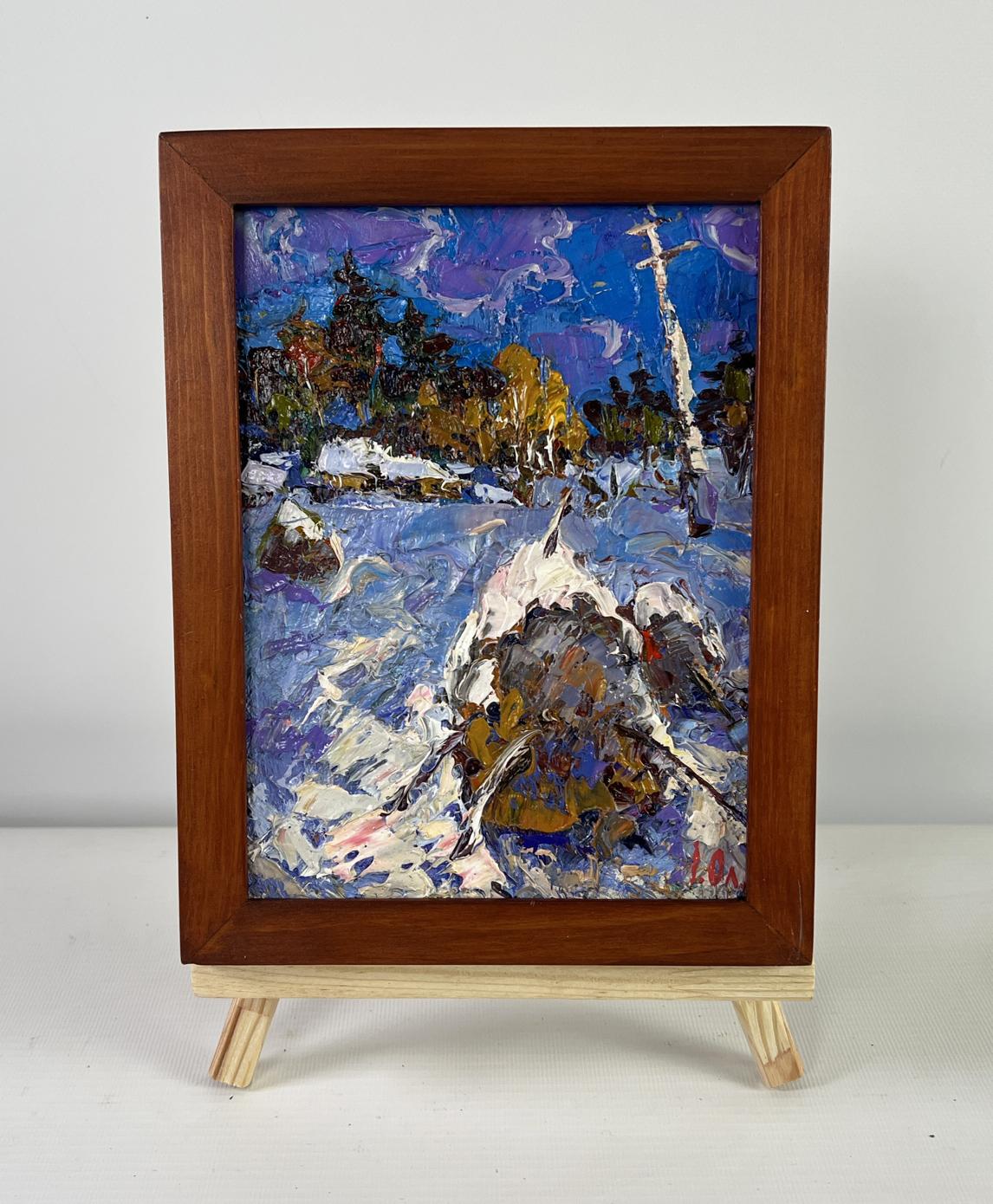 Framed oil painting of snowy forest by Oleksiy Ivanyuk in blues and purples