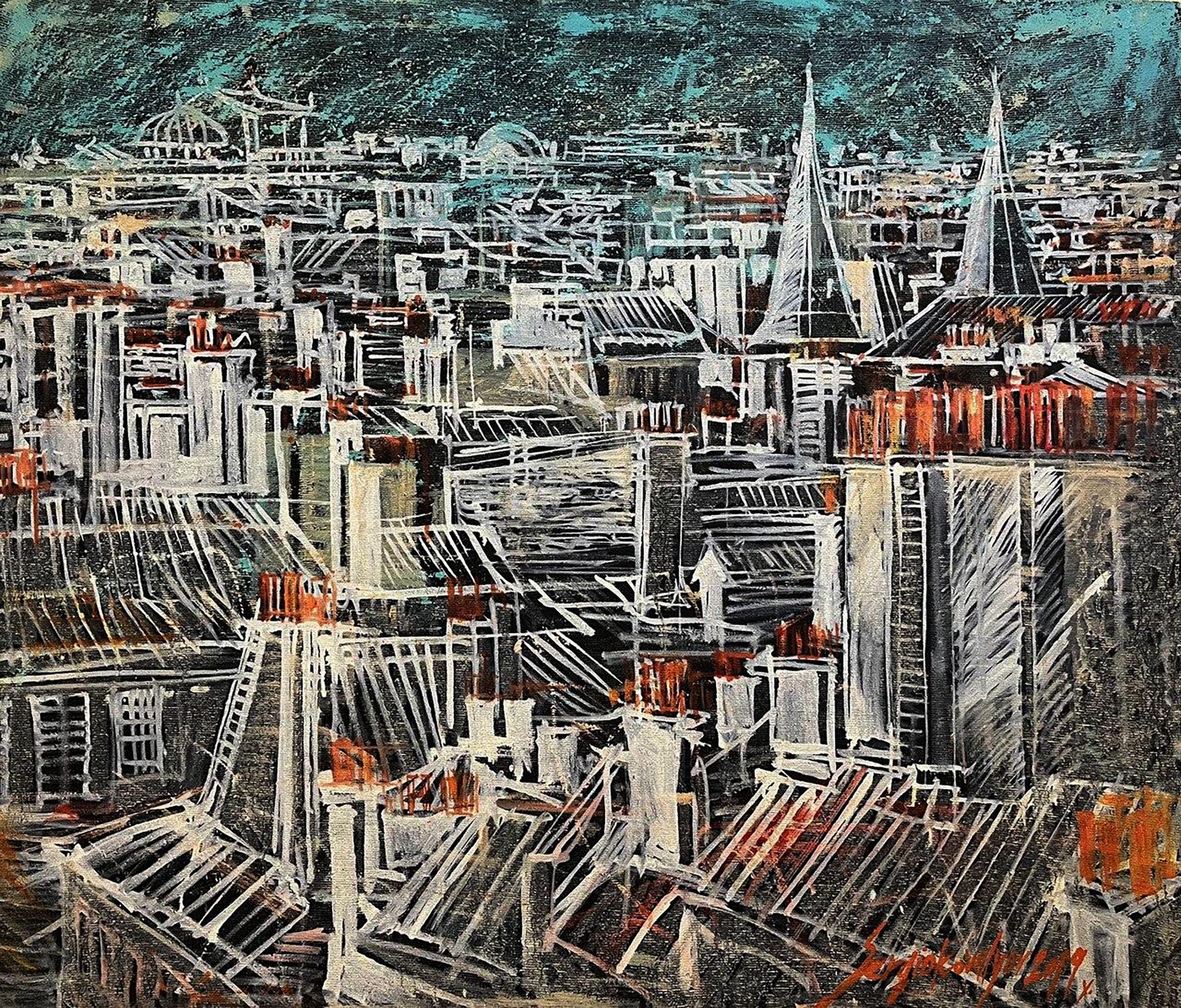 Oil painting Farnes by Serhiy Kovalev: abstract textured cityscape