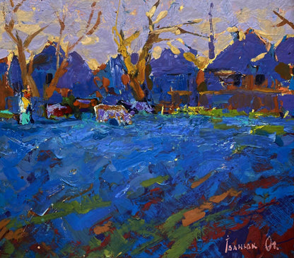 Vibrant impressionist oil painting of grazing cattle by Oleksiy Ivanyuk