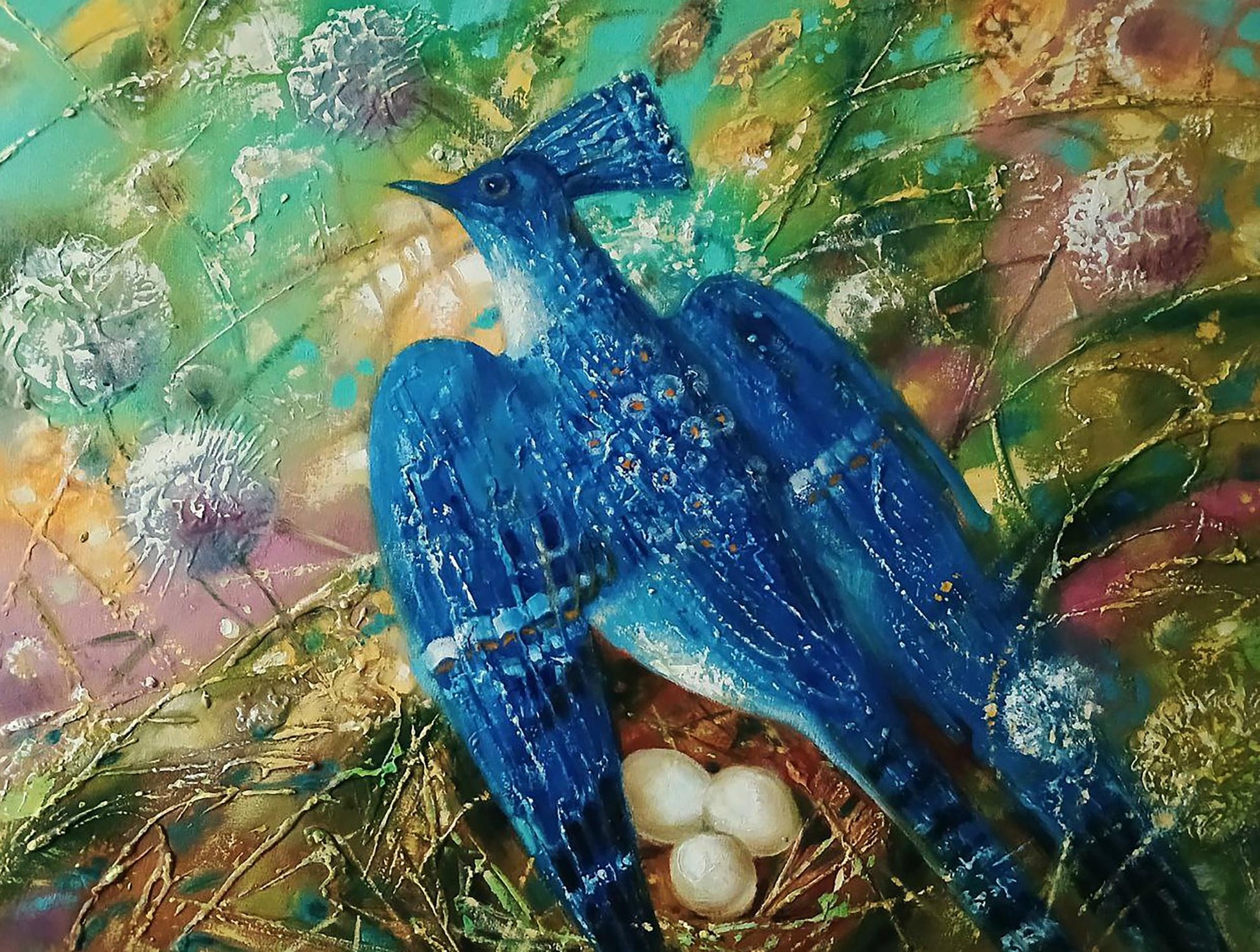 Abstract oil painting of vibrant blue bird guarding nest by Anatoly Tarabanov