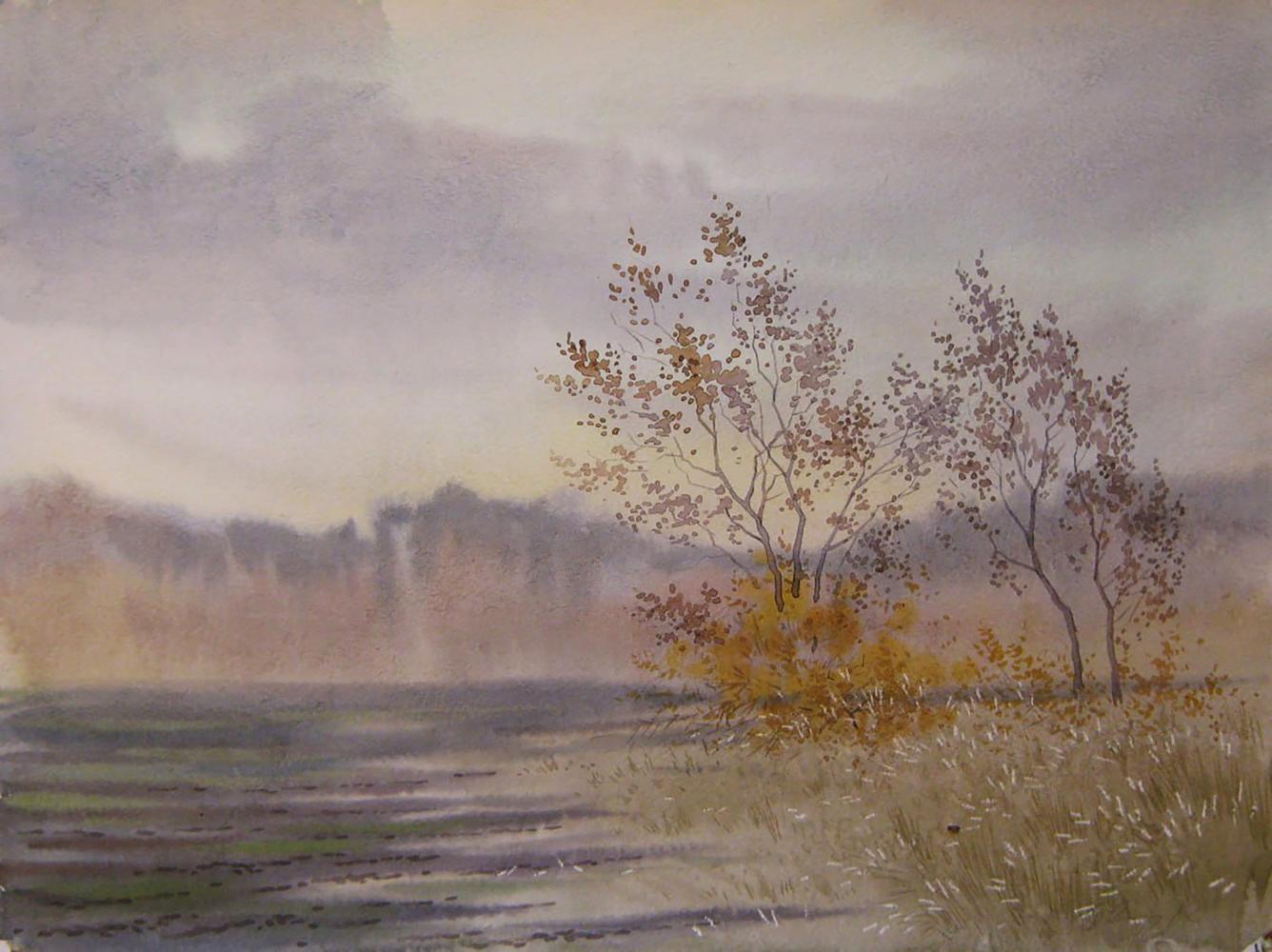Watercolor painting The last days of autumn by Valery Savenets, slender trees