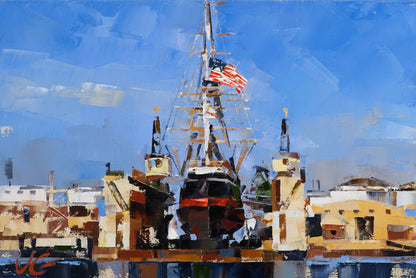 Oil painting of Star of India tall ship with American flag in harbor by Volodymyr Gluhomanyuk