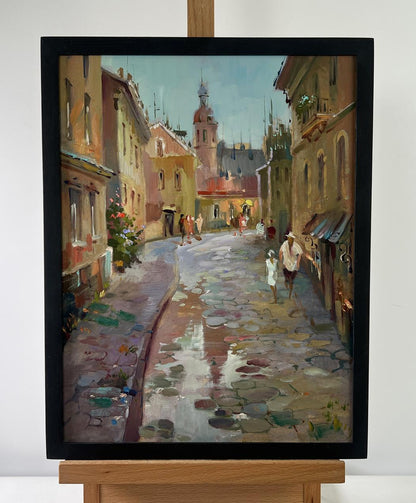Oil painting Childhood alley by Yuriy Suprunchuk in black frame