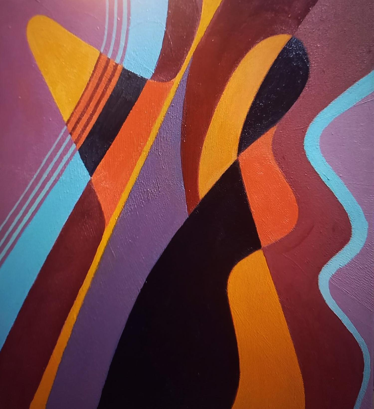 Vibrant Bend oil painting by Alexander Strashevich with orange, black, teal stripes on purple