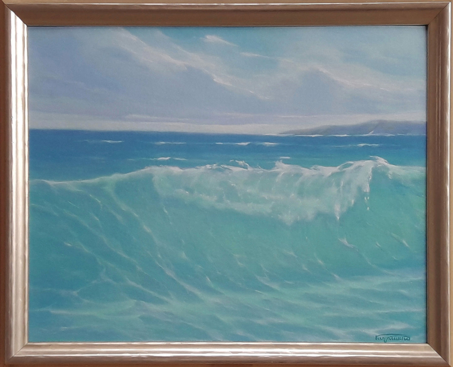 Framed oil painting of Vasily Korkishkos calm turquoise ocean wave under blue sky