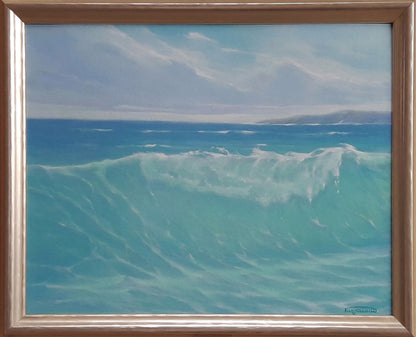 Framed oil painting of Vasily Korkishkos calm turquoise ocean wave under blue sky