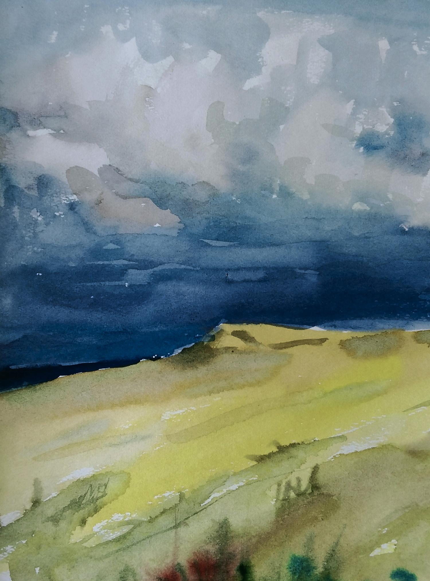 Watercolor painting of yellow field under blue sky by Vitaly Duhnevich