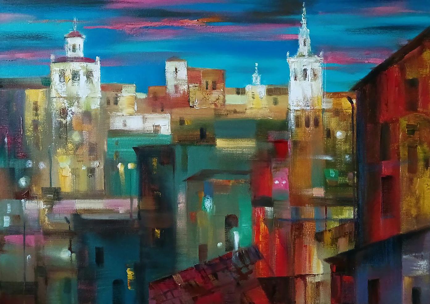 Vibrant impressionist Evening city oil painting by Anatoly Tarabanov