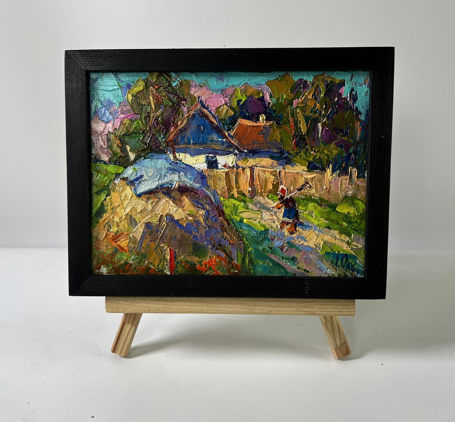 Oil painting Summer village day by Oksana Ivanyuk in black frame