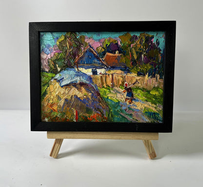Oil painting Summer village day by Oksana Ivanyuk in black frame