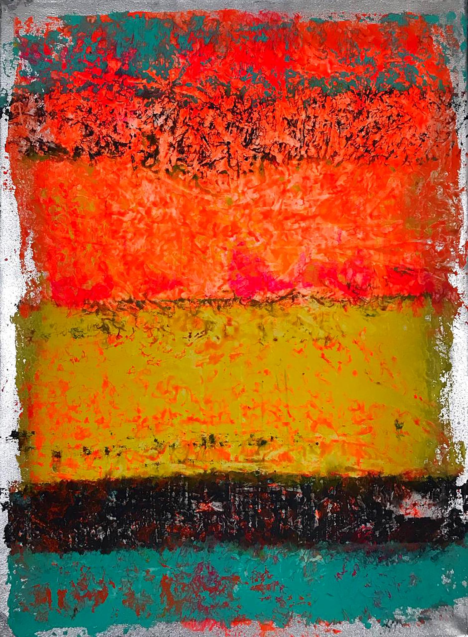 Vibrant abstract acrylic painting by Olga Melezhik with red orange yellow teal layers