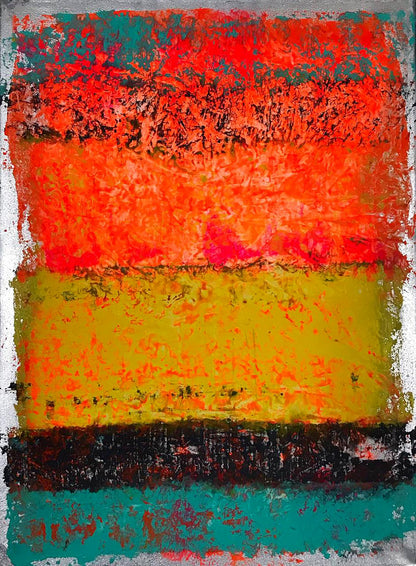 Vibrant abstract acrylic painting by Olga Melezhik with red orange yellow teal layers