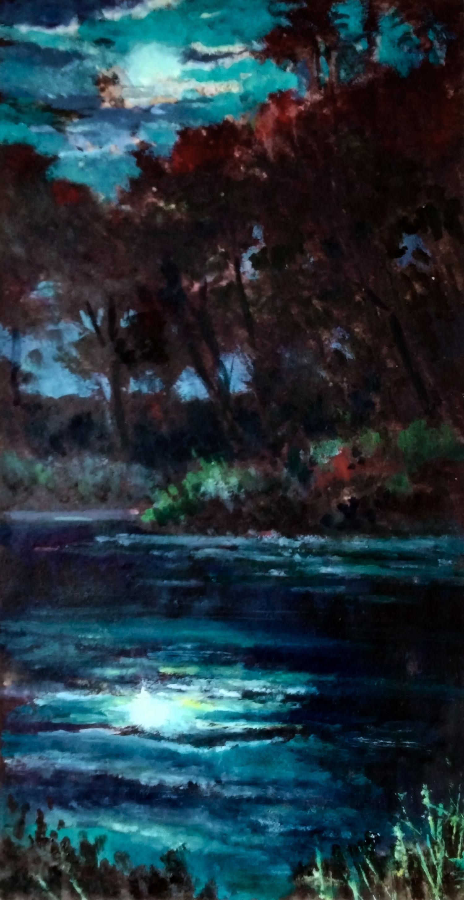 Oil painting Silence is deeper than darkness by Vitaly Duhnevich: moonlit river in autumn forest