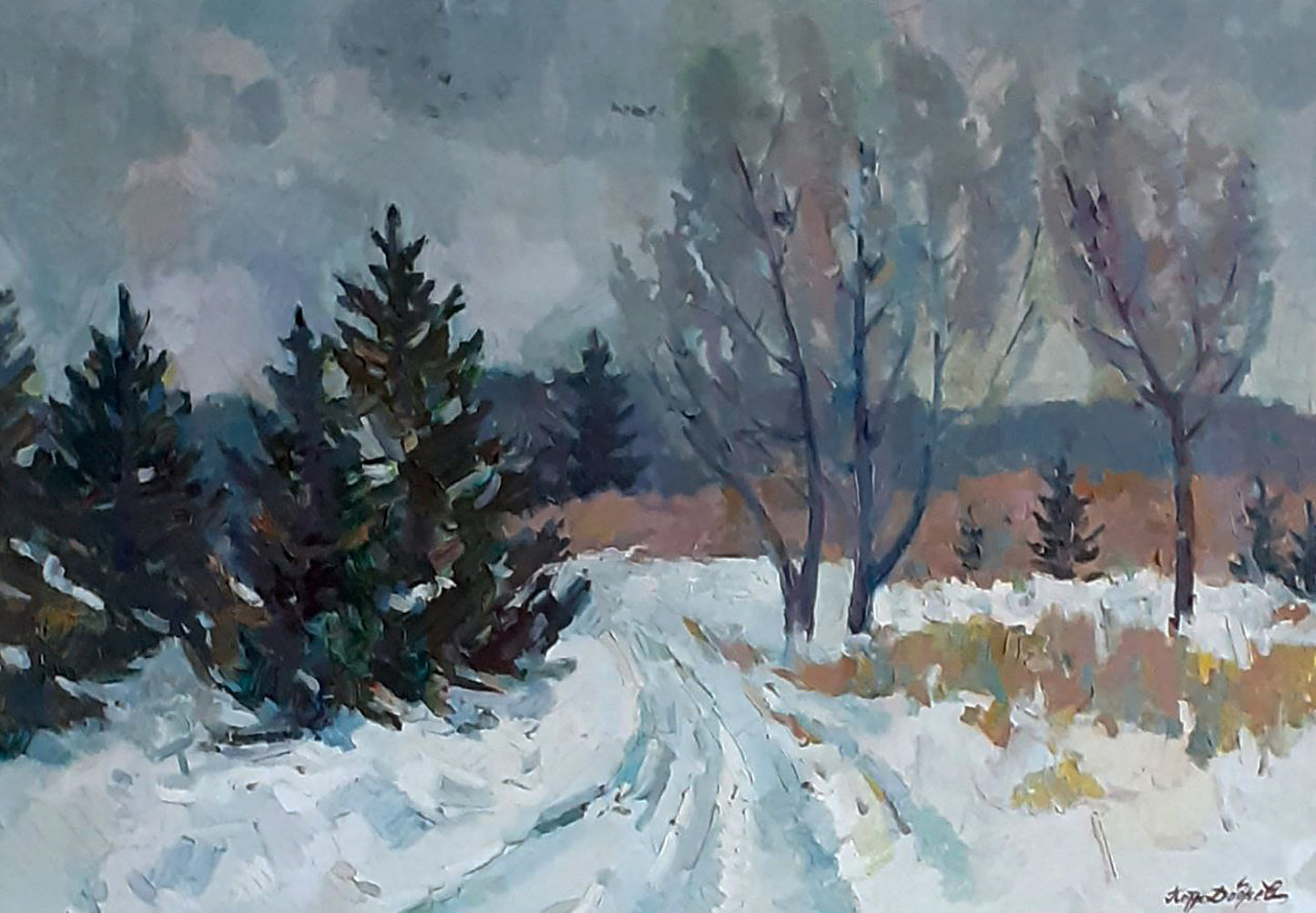 Snowy Christmas trees oil painting by Peter Dobrev with winding path