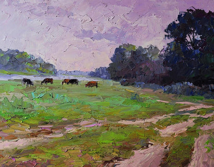 Vibrant impressionist oil painting of cows grazing by Boris Serdyuk