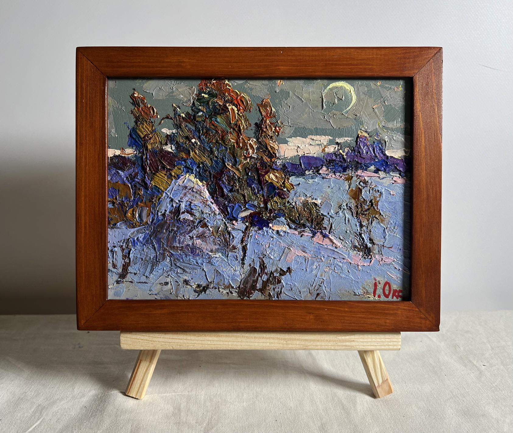 Framed oil painting There is a moon in the field by Oksana Ivanyuk snowy landscape