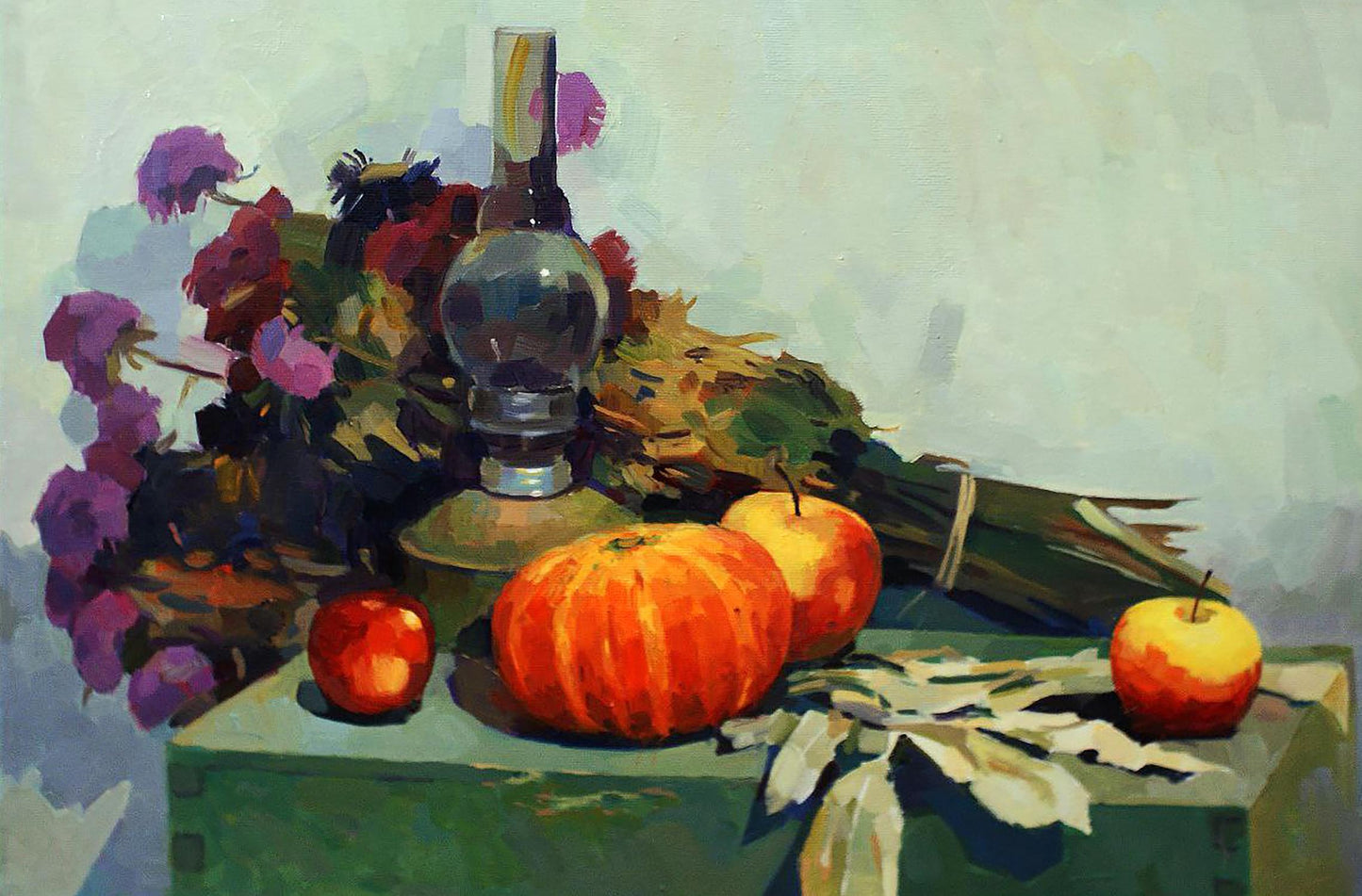 Oil lamp on green crate in Autumn still life painting by Anastasia Yaroshevich