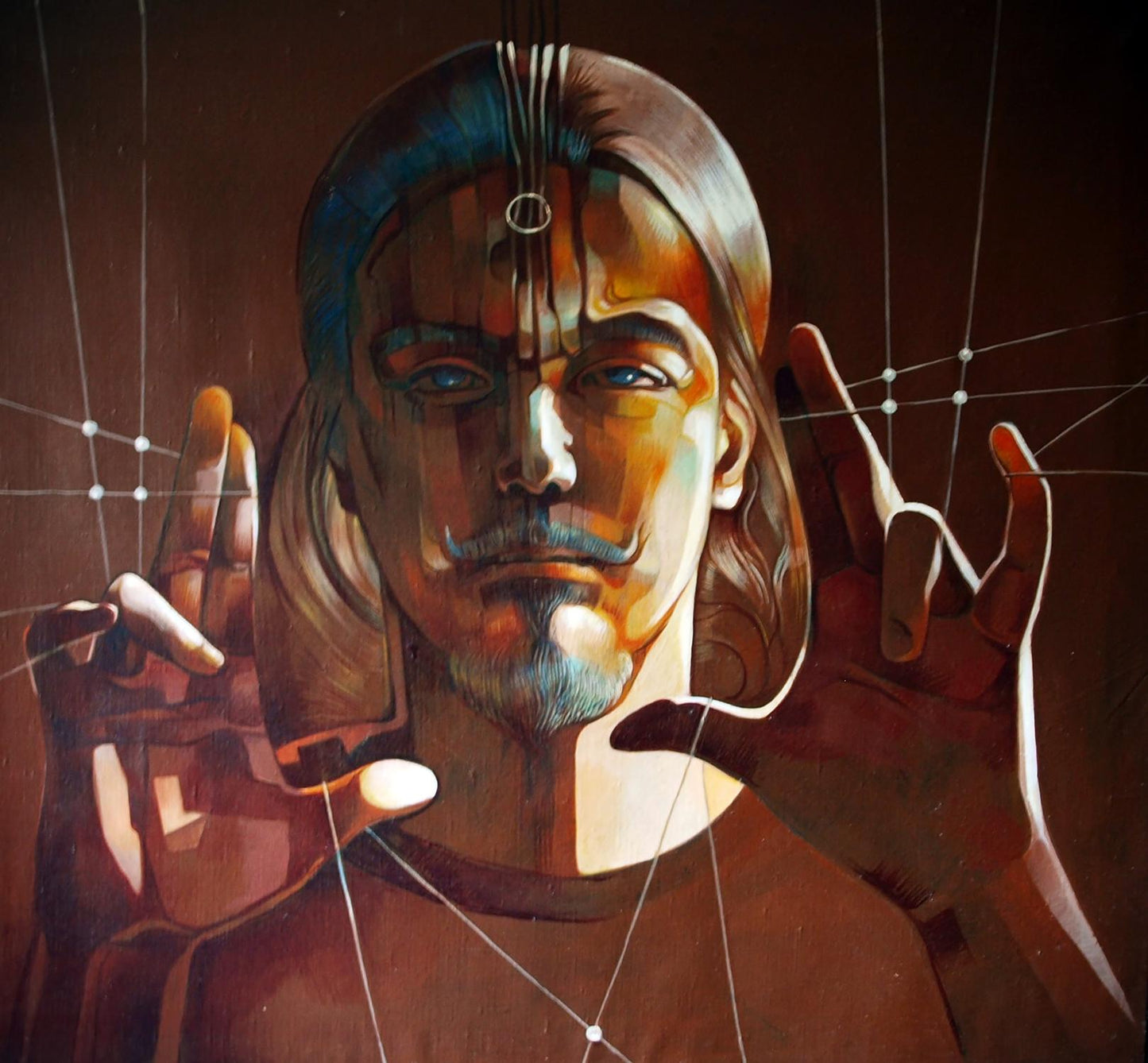 Surreal puppet portrait man long brown hair blue eyes Oil painting Konsta G. Amelinn