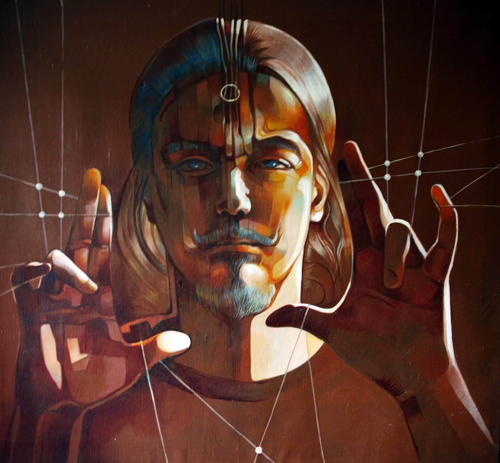Surreal puppet portrait man long brown hair blue eyes Oil painting Konsta G. Amelinn