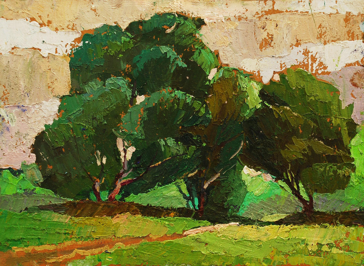Oil painting Play of light in branches by Egor Shvachunov lush green trees textured sky