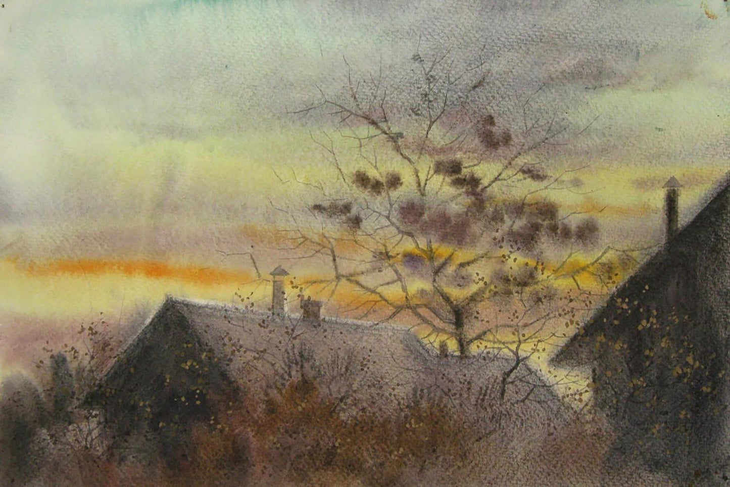 Watercolor painting Winter is coming by Valery Savenets village at dusk