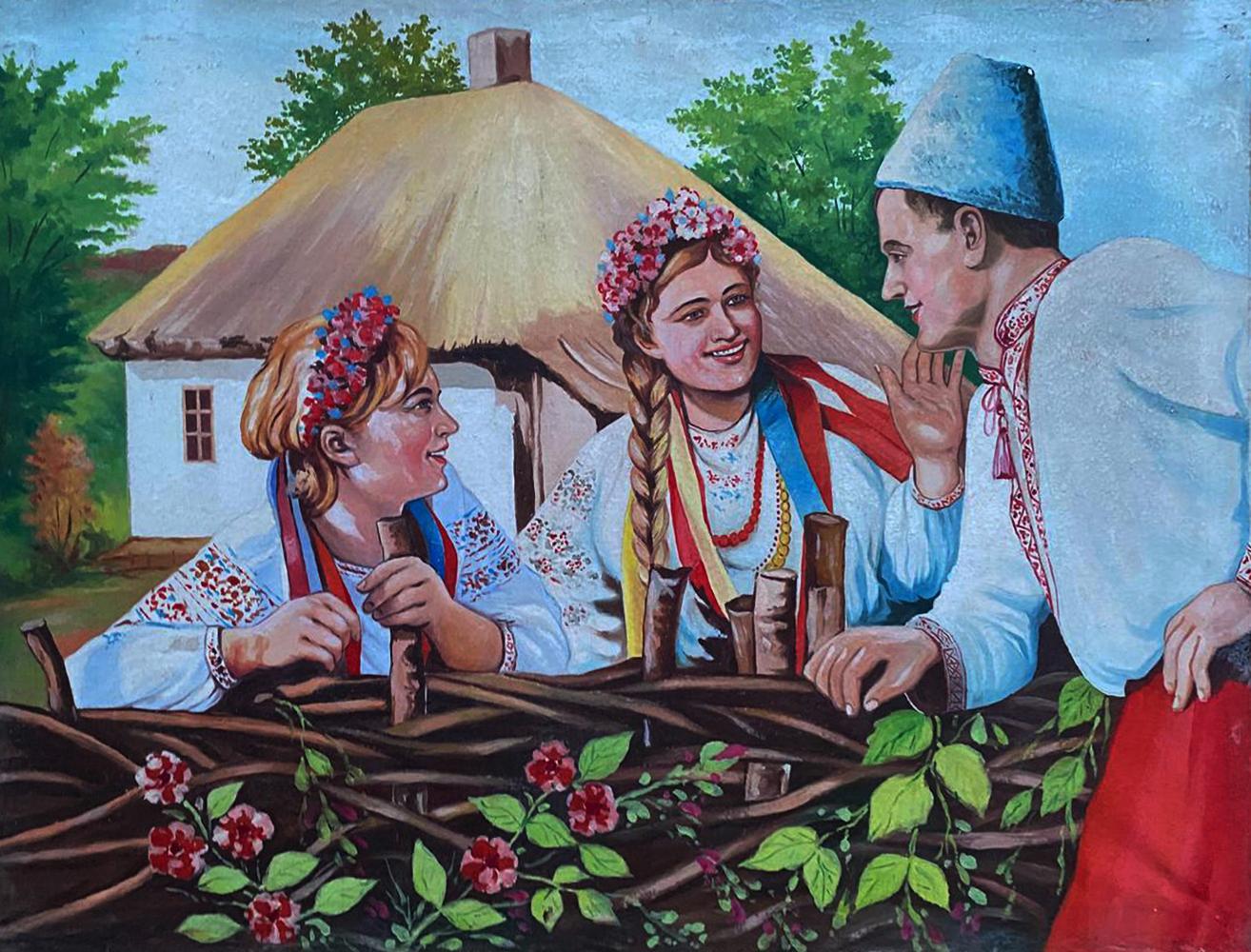 Oil painting of young people near house by unknown artist