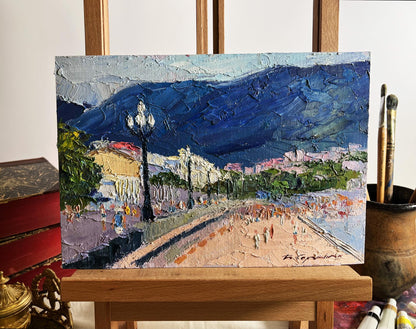 Vibrant oil painting by Boris Serdyuk: coastal promenade with mountains