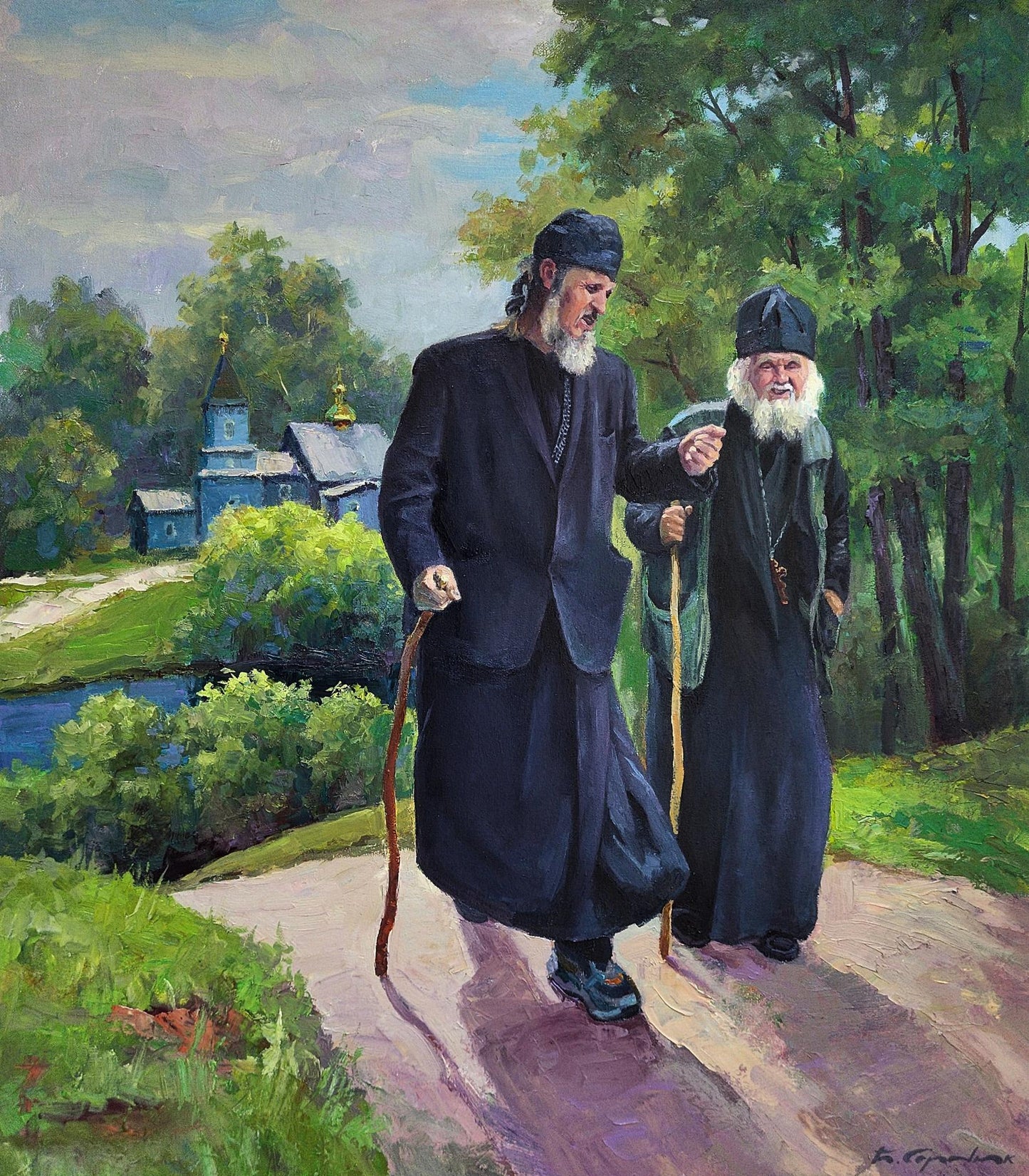 Oil painting by Boris Serdyuk: two orthodox monks in robes walking path
