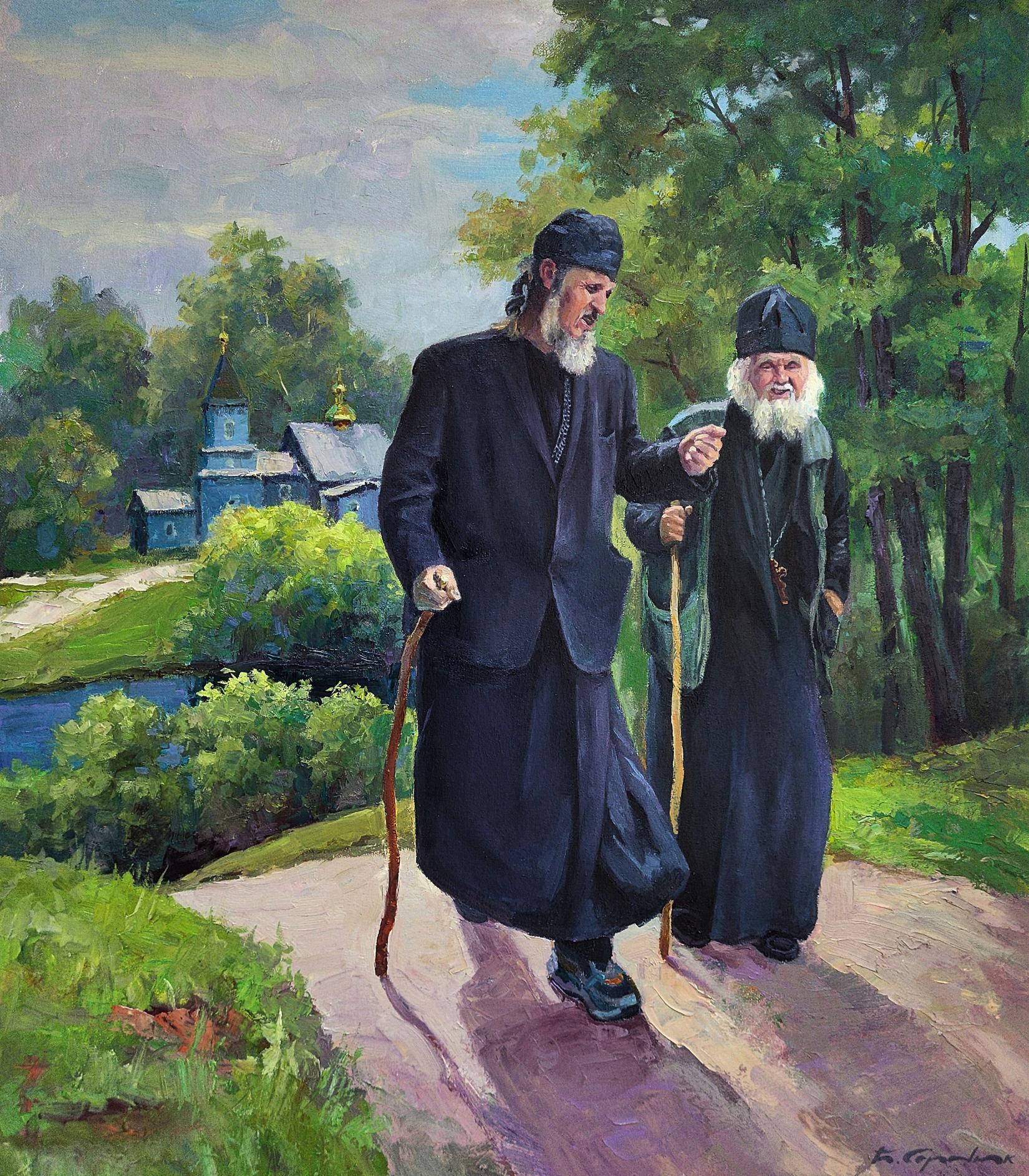 Oil painting by Boris Serdyuk: two orthodox monks in robes walking path