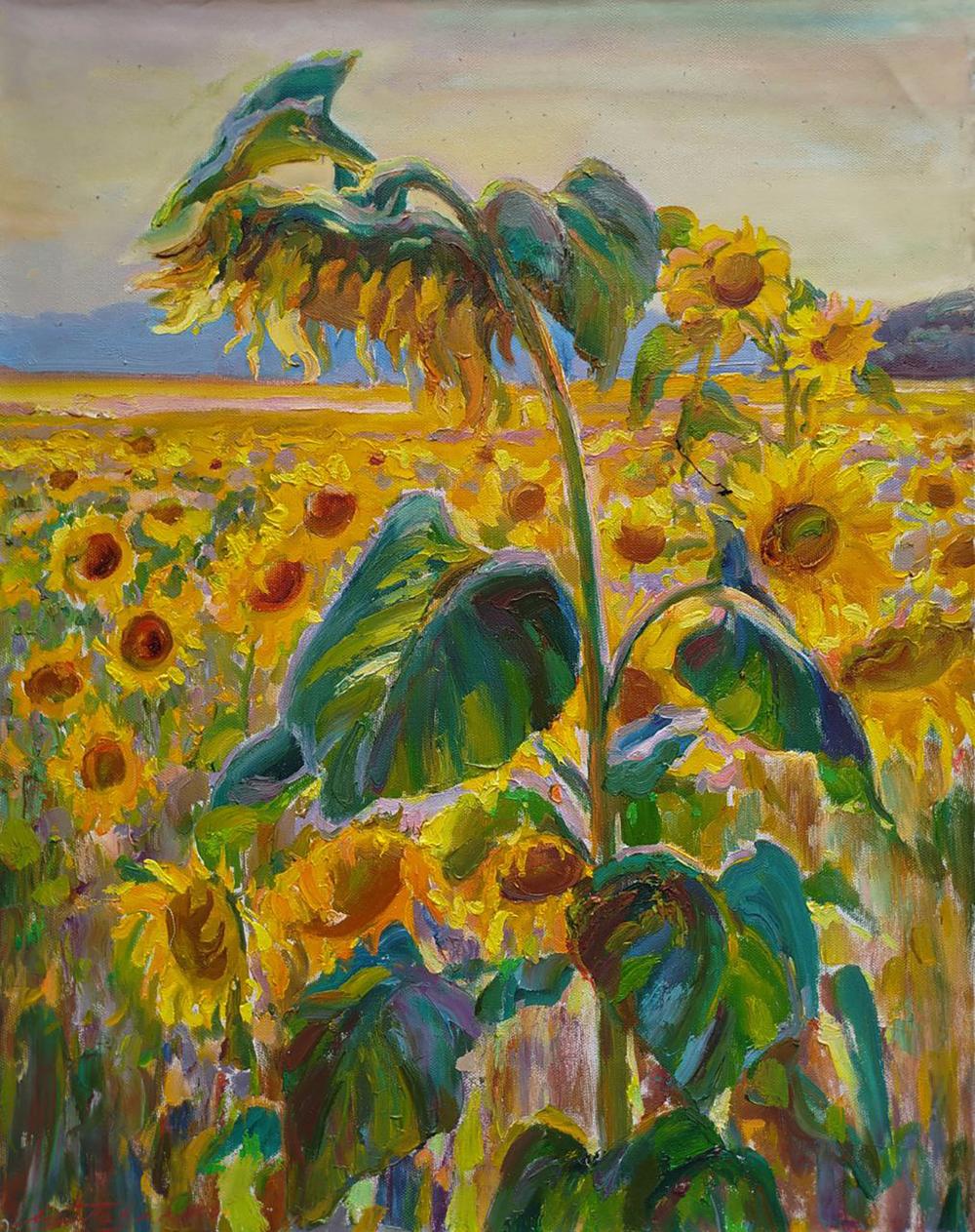 Oil painting Among the Sunflowers by Leonid Pavlenko, vibrant sunflower field