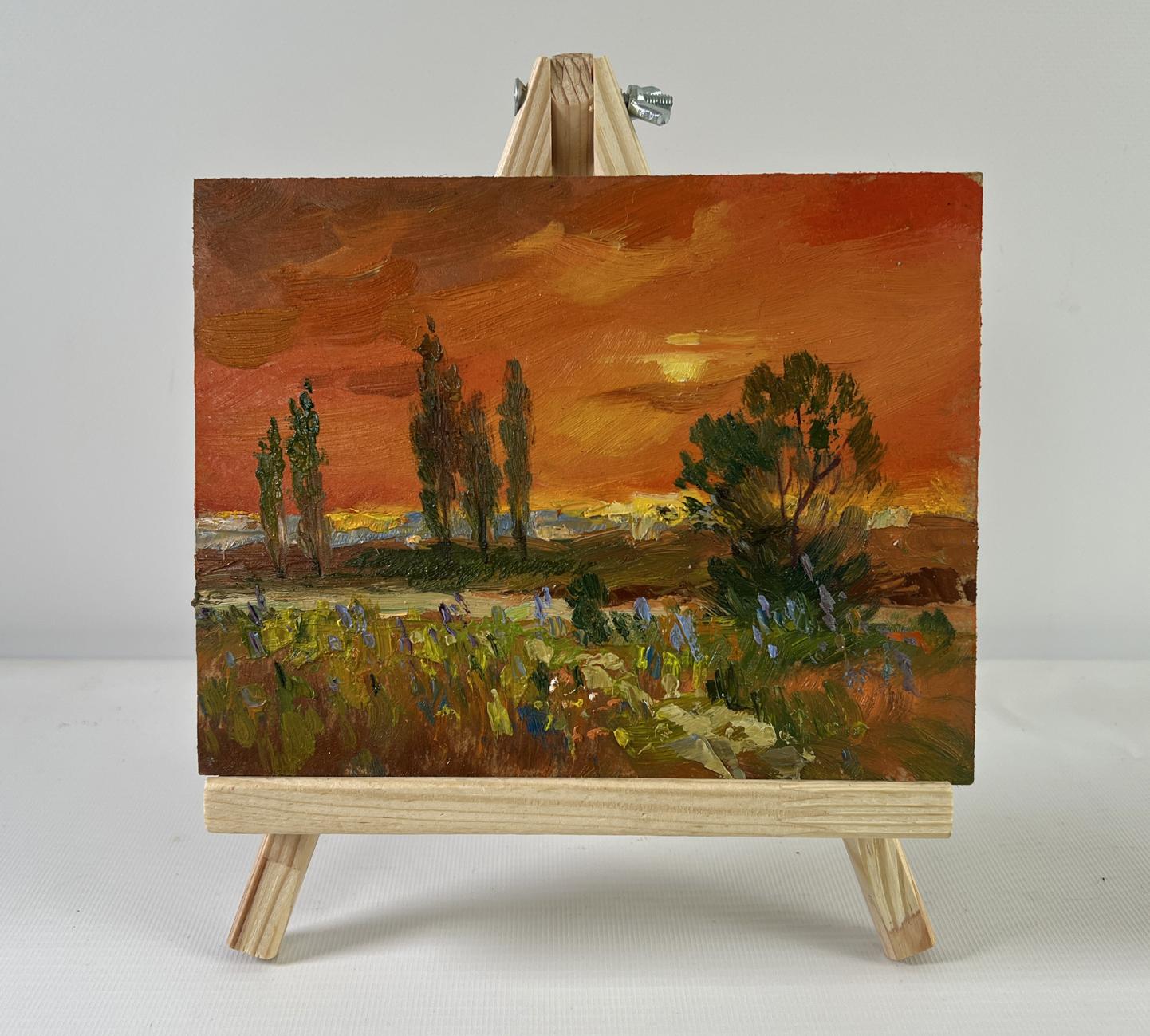 Oil painting Evening Moment by Yuriy Suprunchuk vibrant sunset field