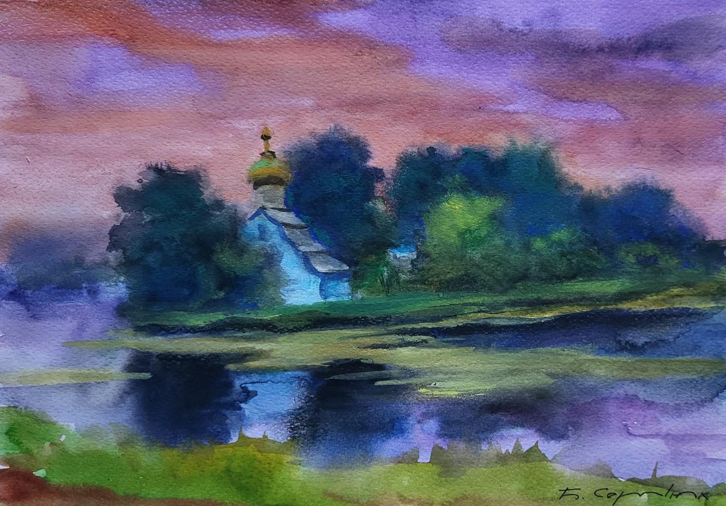 Watercolor painting Morning over the river by Boris Serdyuk: blue church with golden dome by lake