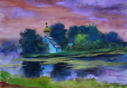 Watercolor painting Morning over the river by Boris Serdyuk: blue church with golden dome by lake