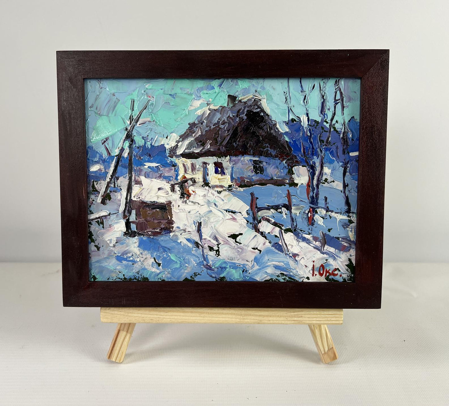 Oil painting The house sleeps in the snow by Oksana Ivanyuk, framed winter cottage landscape