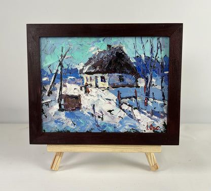 Oil painting The house sleeps in the snow by Oksana Ivanyuk, framed winter cottage landscape