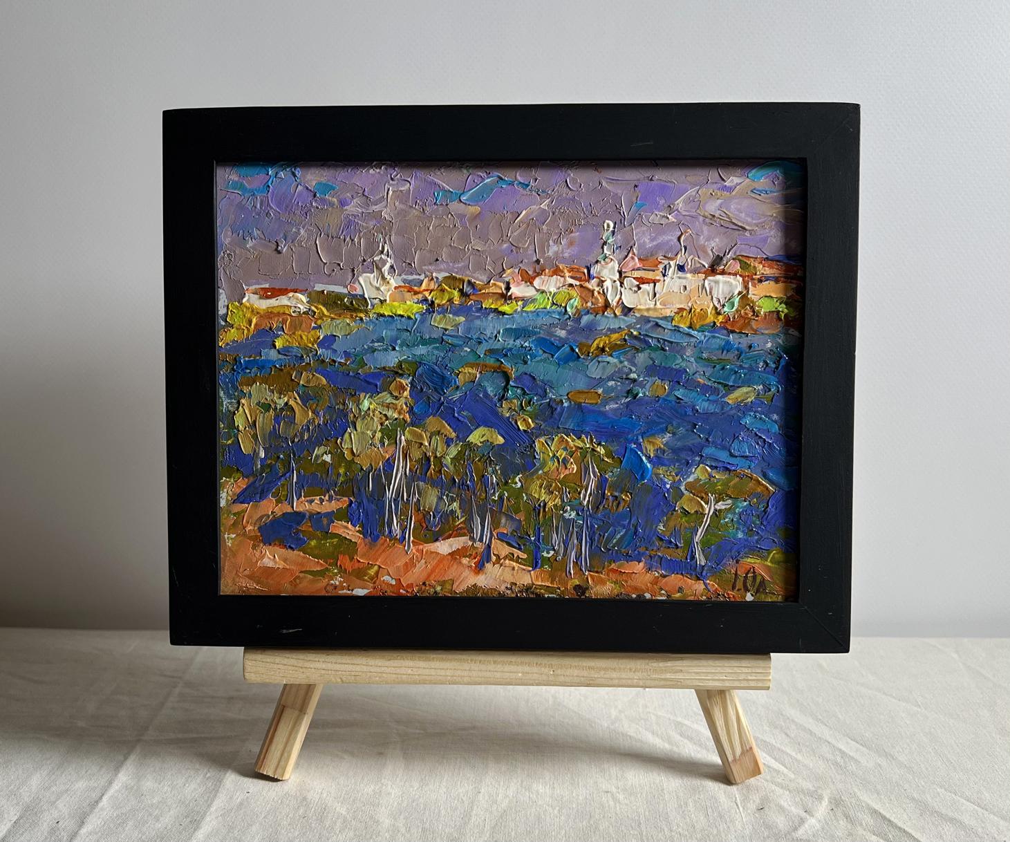 Oil painting of coastal village with grey clouds by Oleksiy Ivanyuk