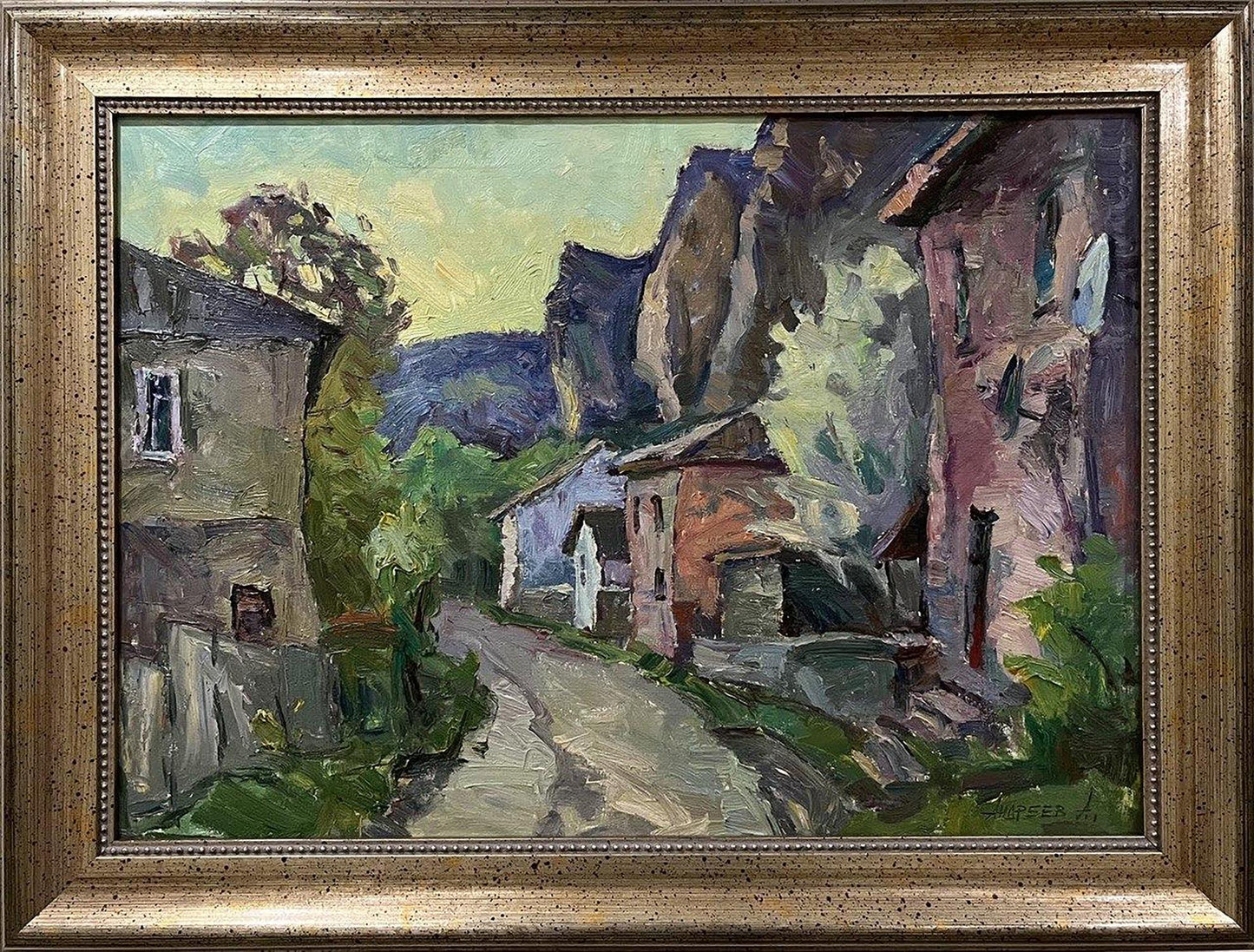 Oil painting The House by the Rock by Oleksandr Andreev in gold frame