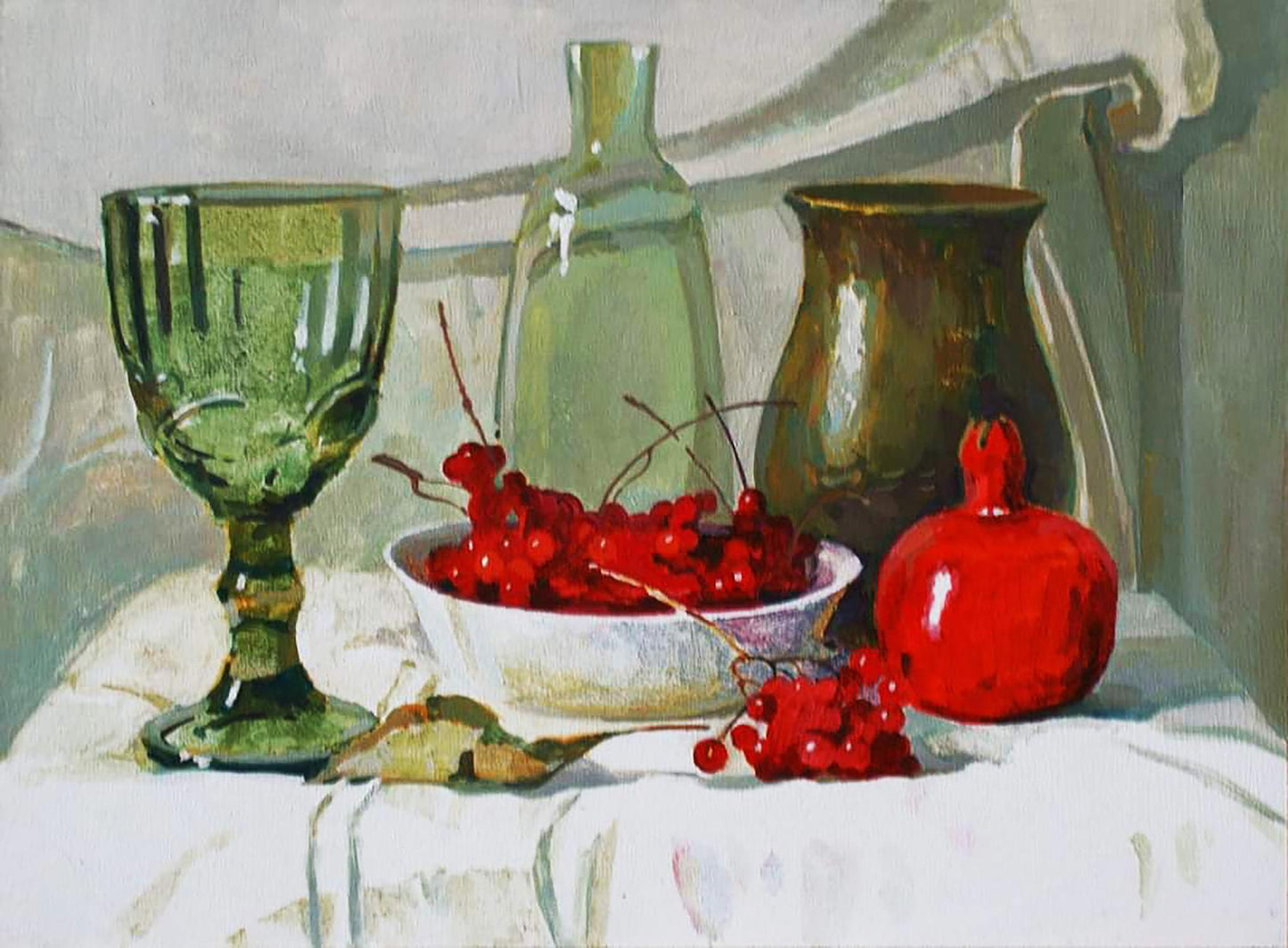 Oil painting of glossy red pomegranate with viburnum by Anastasia Yaroshevich