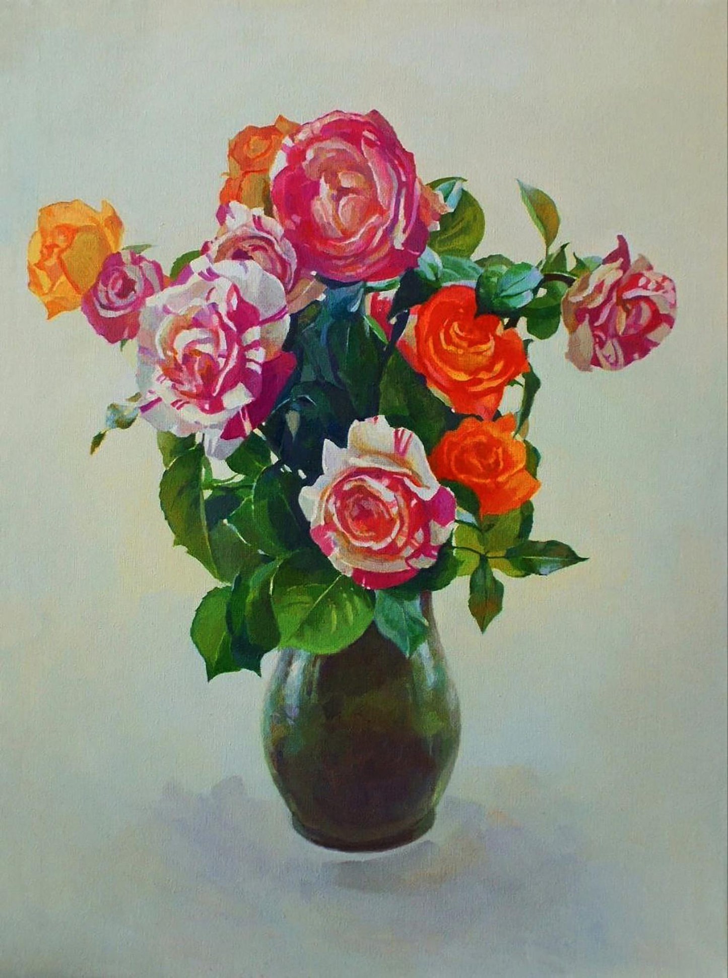 Oil painting of vibrant pink roses in dark green vase by Anastasia Yaroshevich