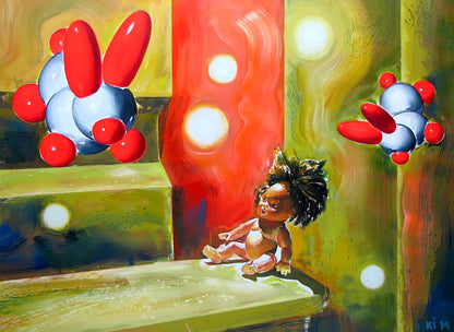 Oil painting Good night Igor Konovalov: doll with spiky hair under molecular structures